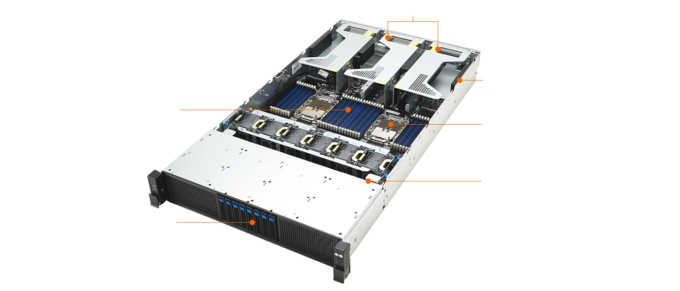 An internal view of the server chassis showing the layout of components such as CPU sockets, RAM slots, and PCIe slots