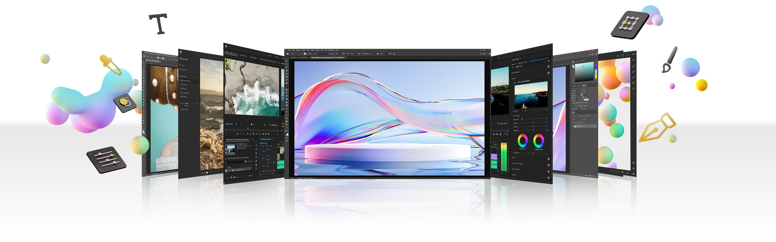 Ukážka rôznych rozhraní softvéru Adobe.