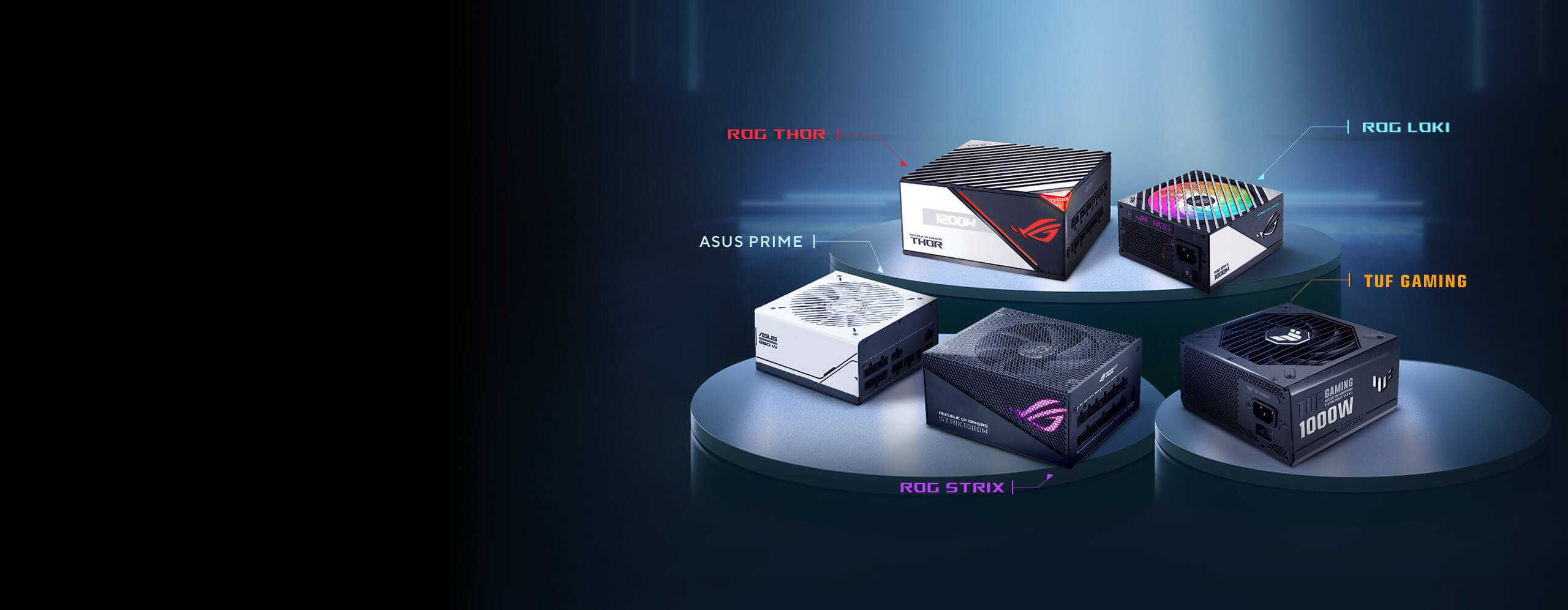 Photo de groupe ROG THOR, ROG LOKI, ROG STRIX, TUF GAMING, PRIMES SERIES PSU sur les podiums