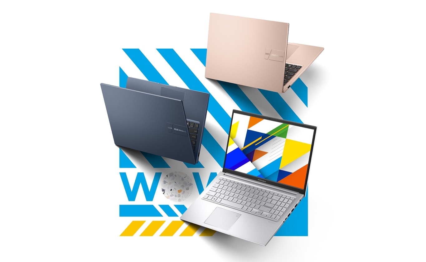 Egyik kinyitott Cool Sliver ASUS Vivobook 15 laptop a képernyőt és a billentyűzetet bemutatva, egy Quiet Blue és egy Terra Cotta ASUS Vivobook 15 laptop a fedelét bemutatva.