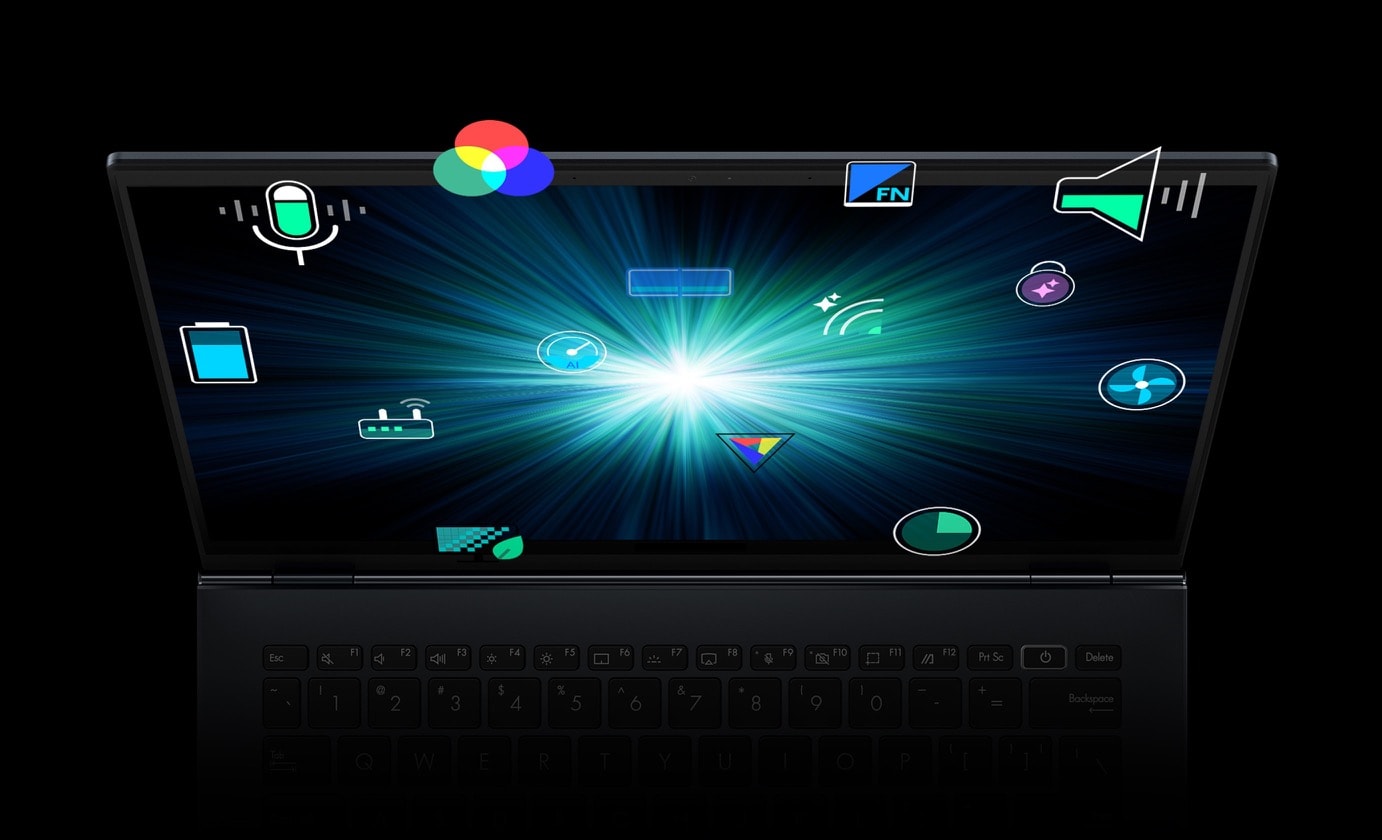 A laptop viewed from the front with a starburst graphic on the screen surrounded by app icons.