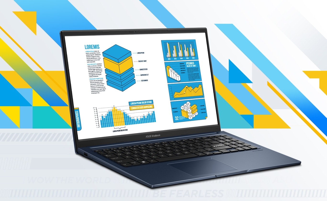 An opened Vivobook 15 showing graphic charts on its screen.