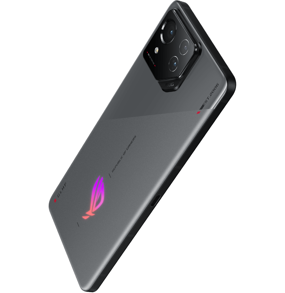 ROG Phone tilted right against a conceptual light ring