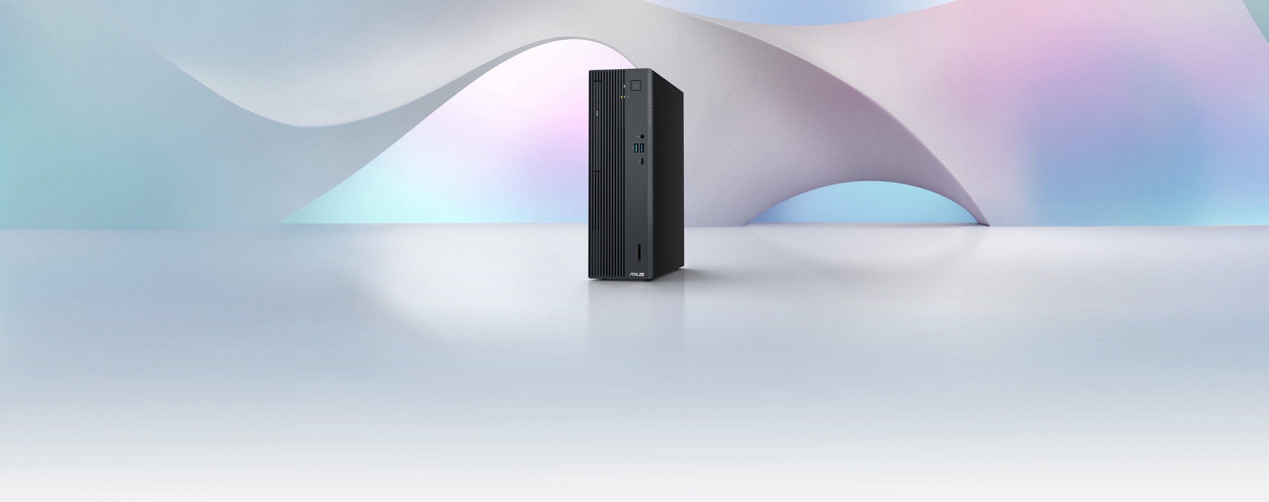 ASUS ExpertCenter P500 SFF is placed against a pastel-colored background. 