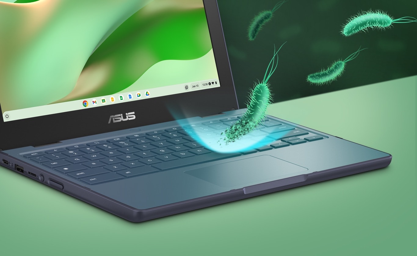 Zijaanzicht van de ASUS Chromebook CR11 in laptopmodus toont het toetsenbord met 3D-beelden van bacteriën die er vanaf kaatsen, om het effect van ASUS Antimicrobial Guard te tonen.