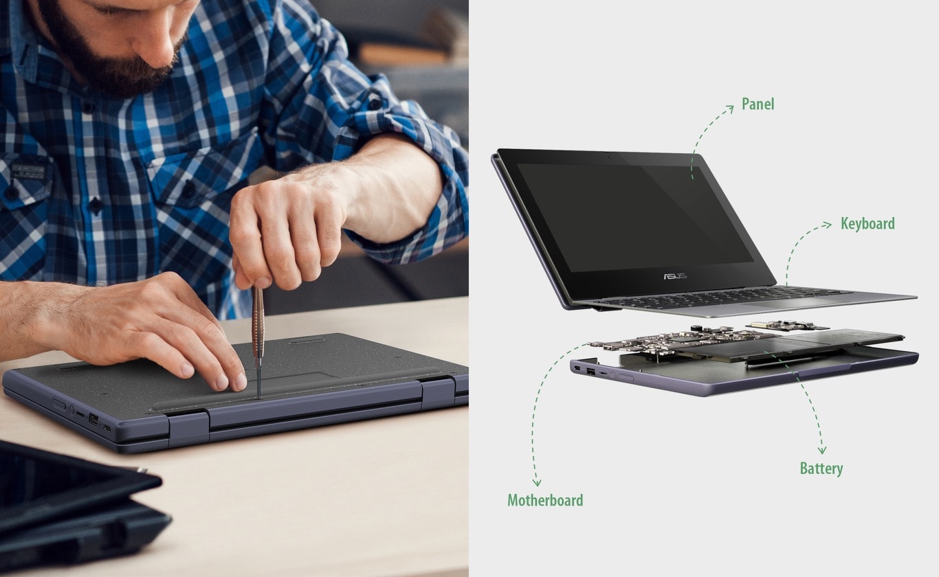 The photo on the left shows a man using a screwdriver to remove the screw at the bottom of the ASUS Chromebook CR11 on a table