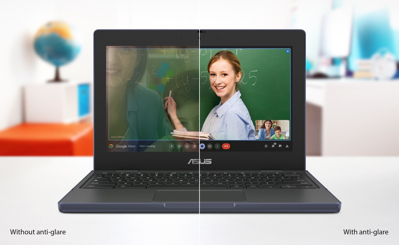 A top view of a teacher and 2 students siting in the classroom looking at the space picture on the ASUS Chromebook CR11 opens a full 180 degrees, and laid flat on the desk. The teacher is touching the screen to zoon in the picture.