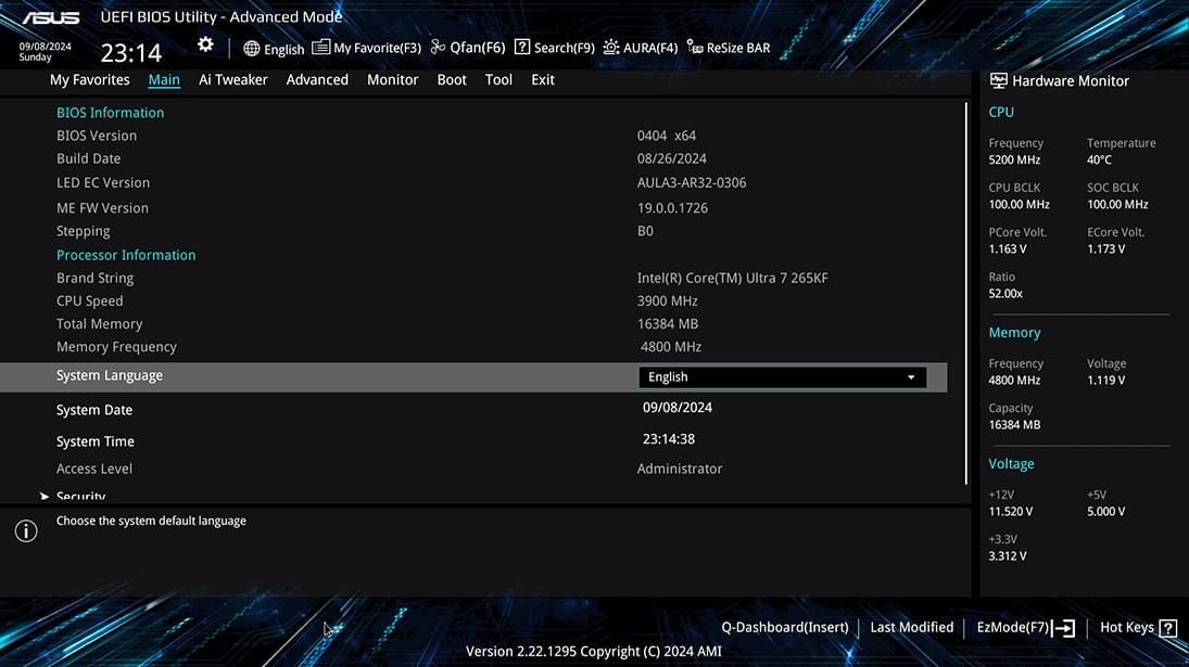 UEFI BIOS advanced mode UI.