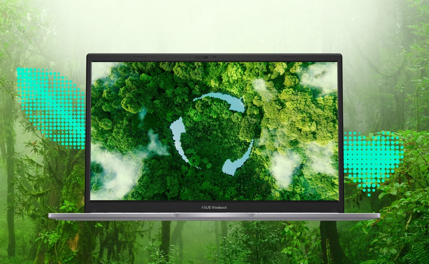 This picture show the laptop with a forest.