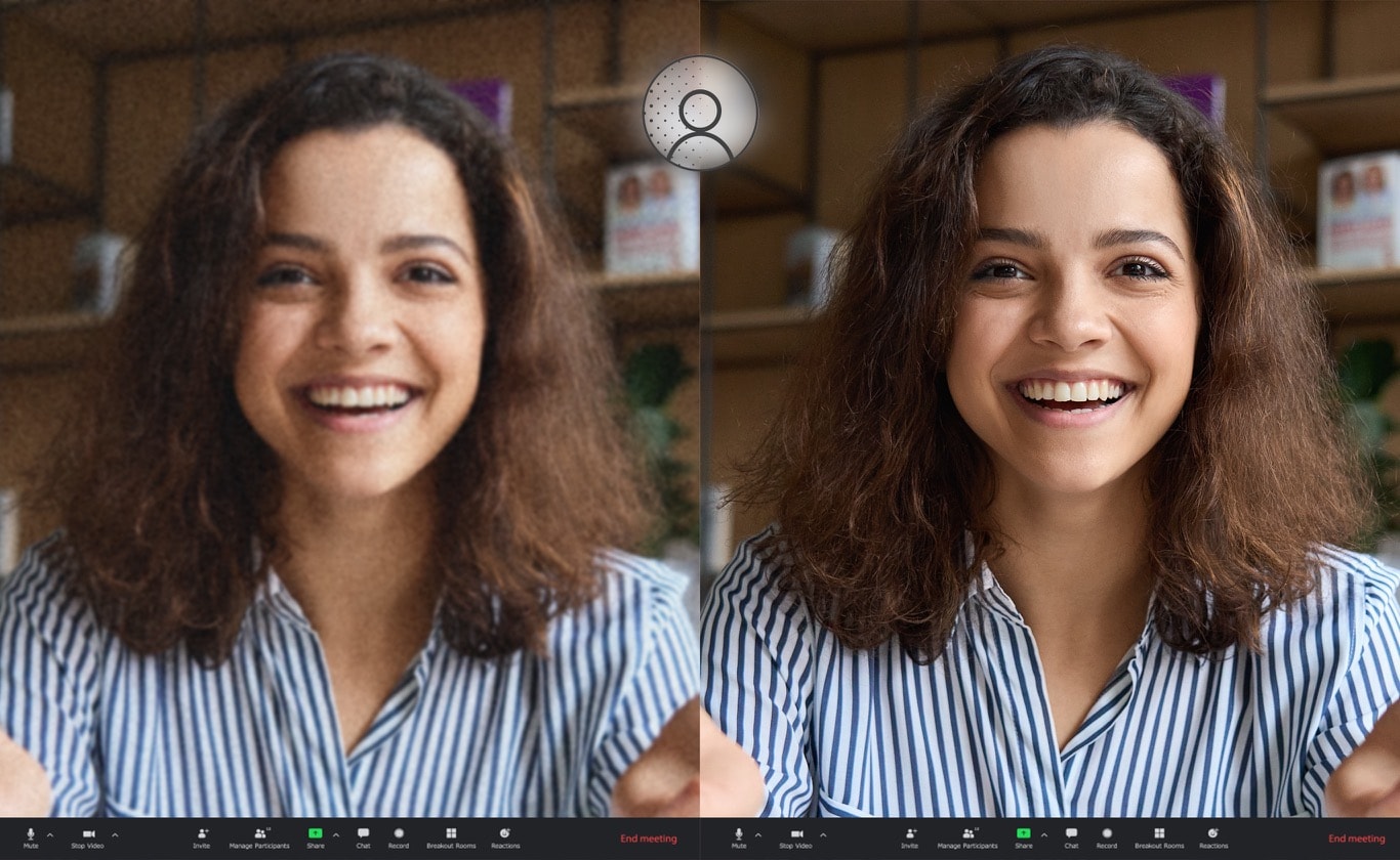 A comparison of two video call scenario photos shows the webcam effect difference between with and without ASUS 3D Noise Reduction. 