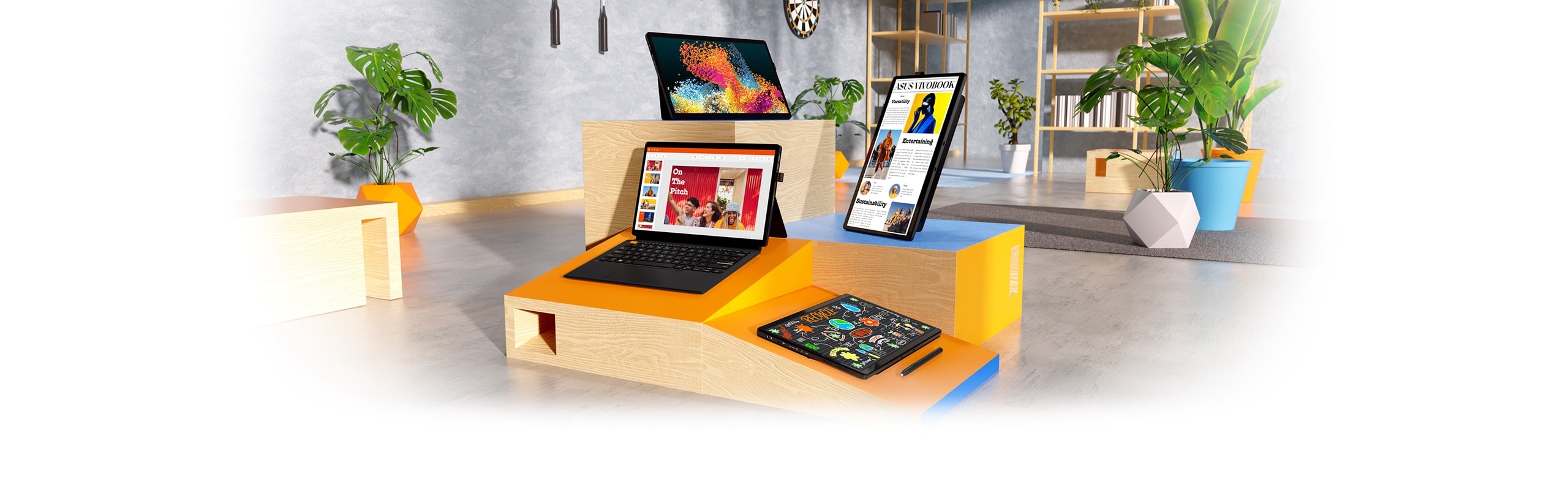 Ноутбуки ASUS Vivobook 13 Slate OLED T3304 изображены в разных режимах использования.