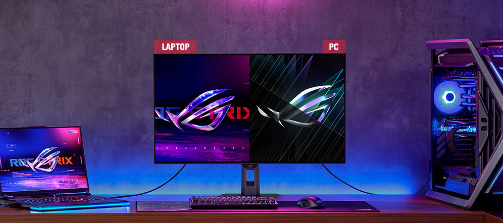 one ROG monitor connected to a laptop and PC simultaneously”