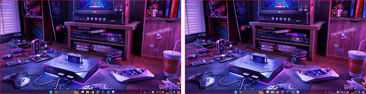 Comparison image showing two screenshots of deskto. The taskbar on left image is noraml; while the taskbar on the right comes with a transparent effect.