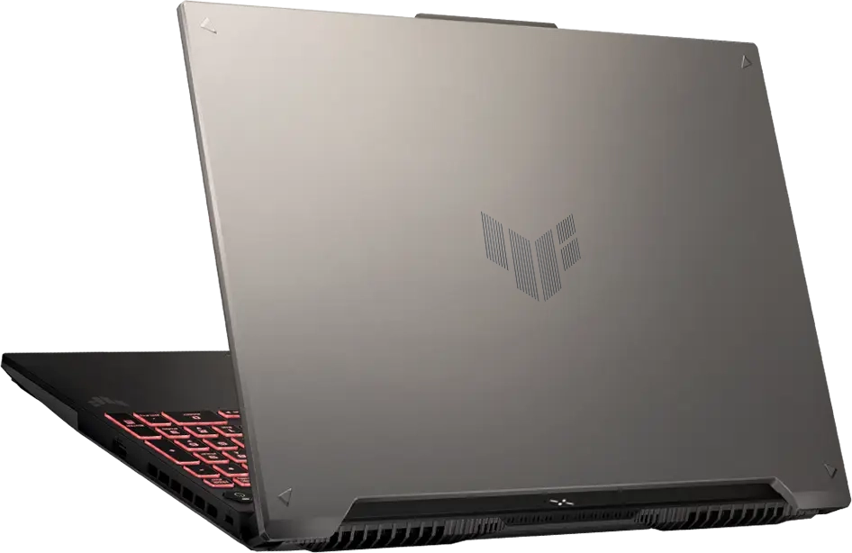 A rear view of the TUF Gaming A16, with the lid half open.