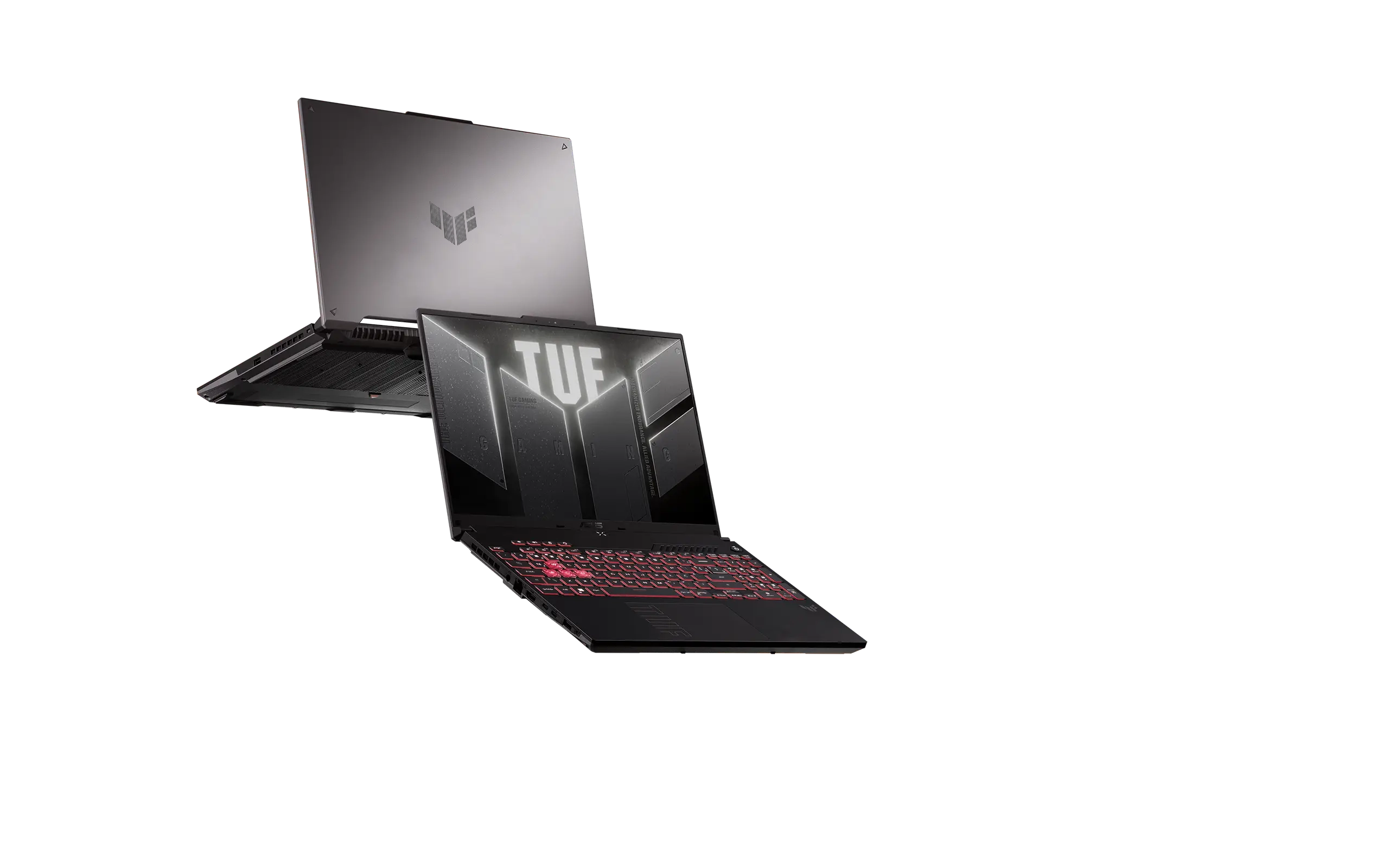 The TUF Gaming A16 laptop with a futuristic and yellow accented cityscape in the background.