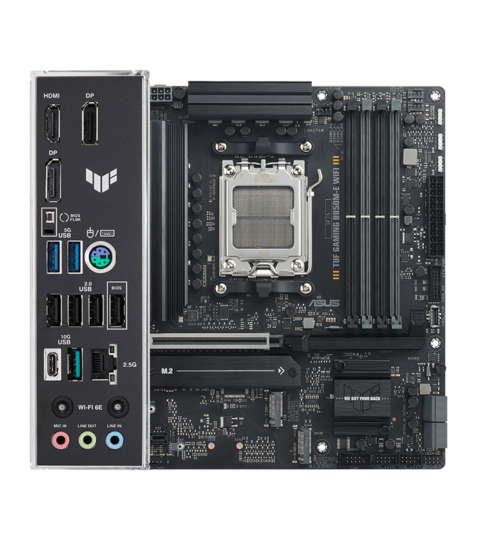 TUF Gaming motherboard front view, with Aura lighting, and I/O shield