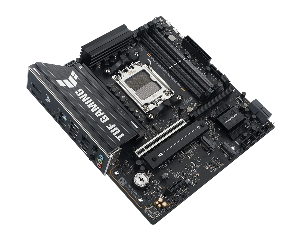 TUF Gaming motherboard front view, 45 degrees