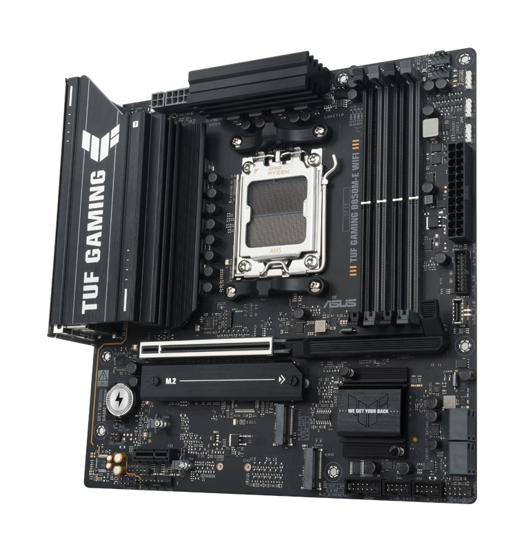 TUF Gaming motherboard front view, 60 degrees, with Aura lighting
