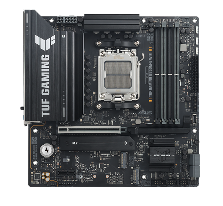 TUF Gaming motherboard front view, with Aura lighting