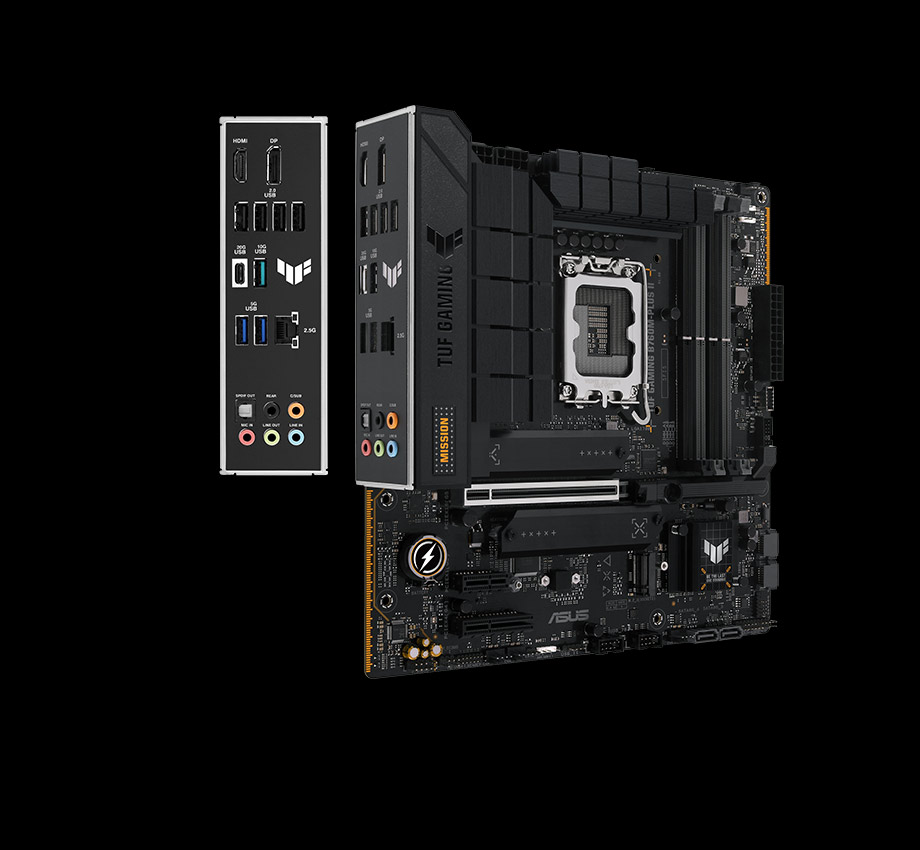 TUF Gaming motherboard front view, with Aura lighting
