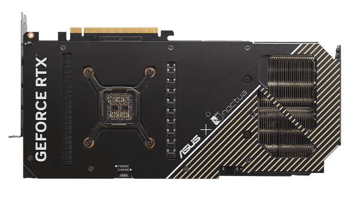 Graphics card backplate, highlighting the wide vent, GPU bracket, and stainless steel I/O port bracket.