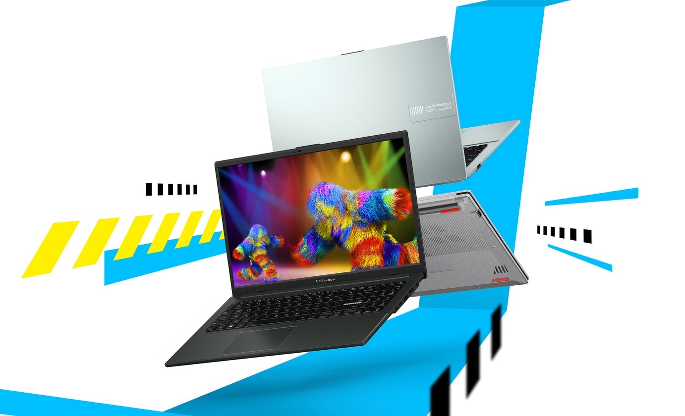 Показаны три ноутбука ASUS Vivobook Go 15 OLED: у одного видны экран и клавиатура, у второго – крышка дисплея, а у закрытого третьего – нижняя панель.
