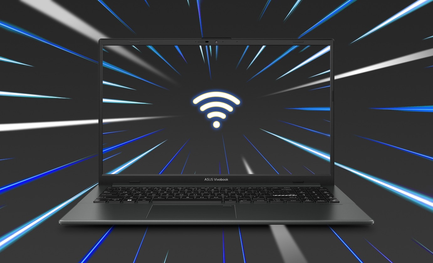 На дисплеї Vivobook Go 15 OLED відображається значок Wi-Fi із променями на фоні.