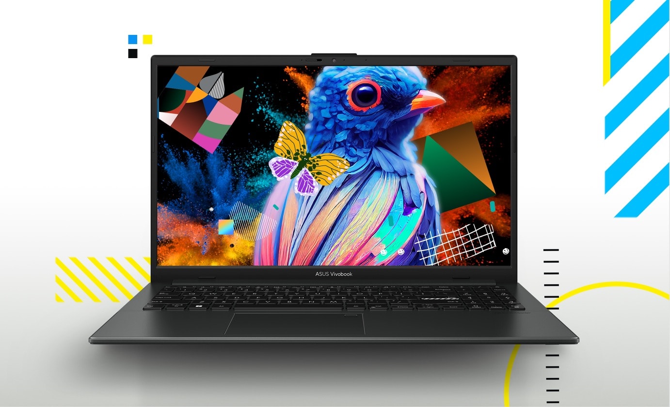Vivobook Go 14 OLED opened at 90 degrees, displaying a colorful wallpaper on its screen. 