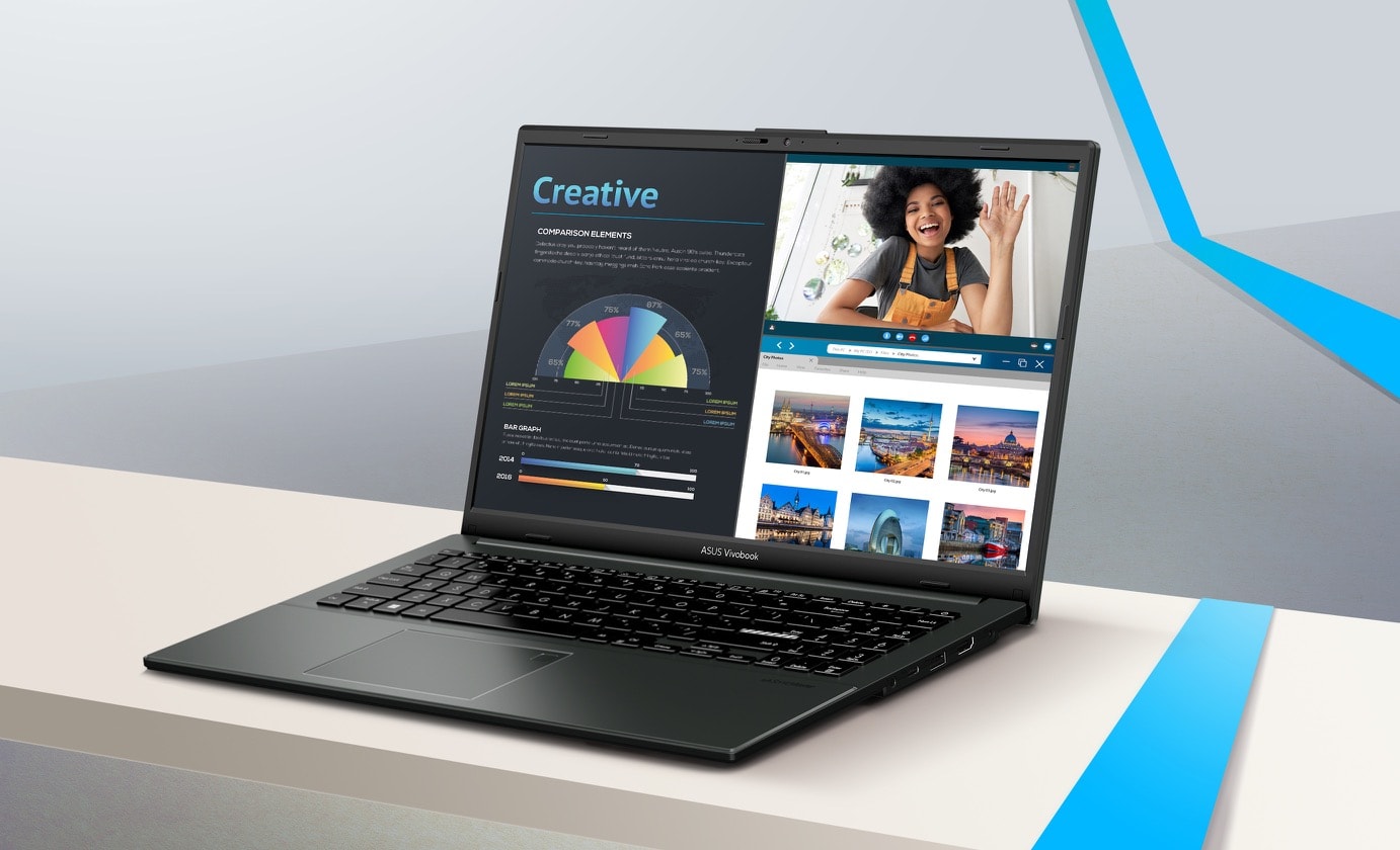 A Viovbook Go 15 OLED többféle feladatra, grafikus diagramtervezésre, webböngészésre és videóhívásra való alkalmasságát bemutató kép.