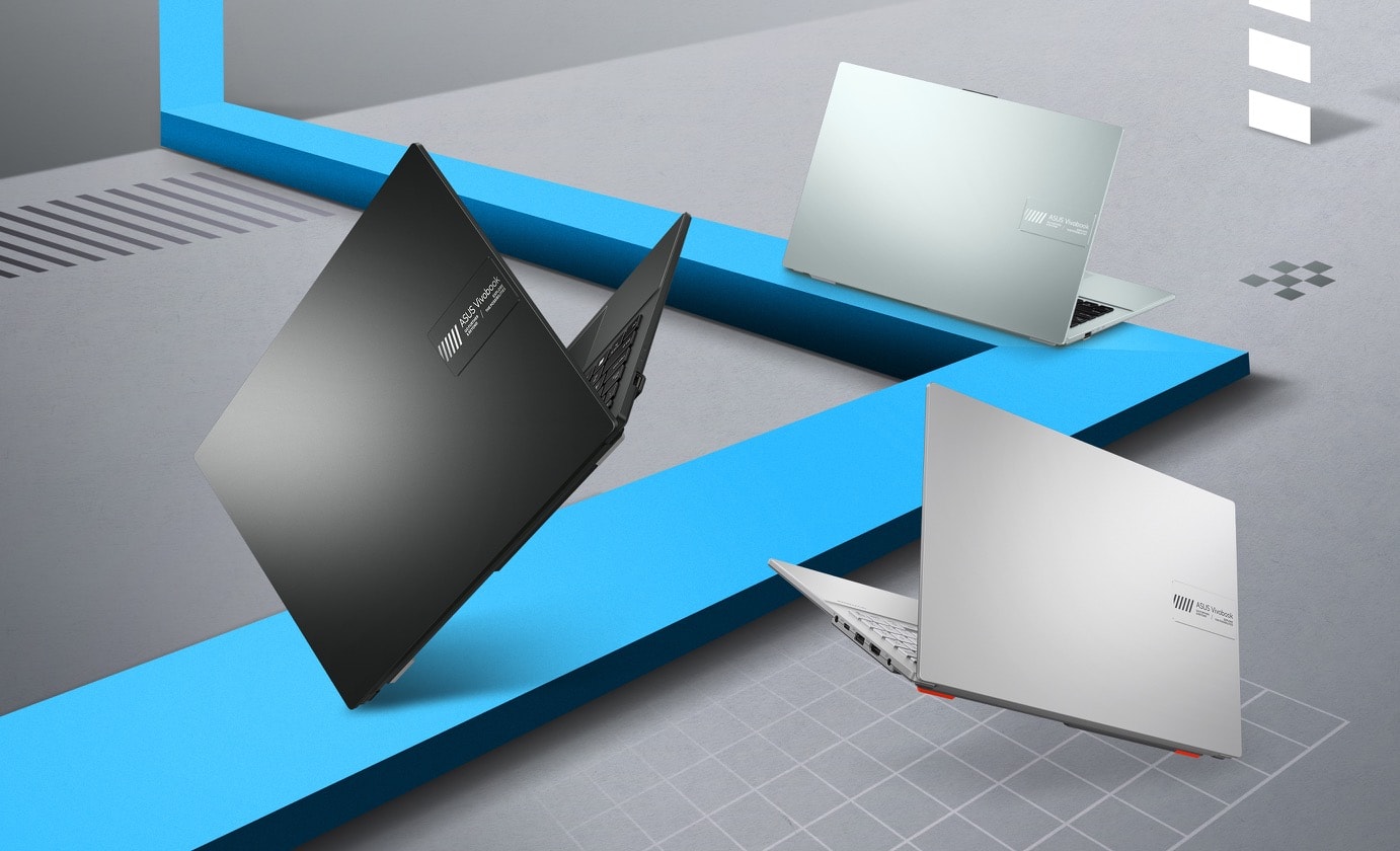 Mixed Black, Cool Silver, Grey Green színű Vivobook Go 15 OLED laptopok a fedelüket bemutatva.