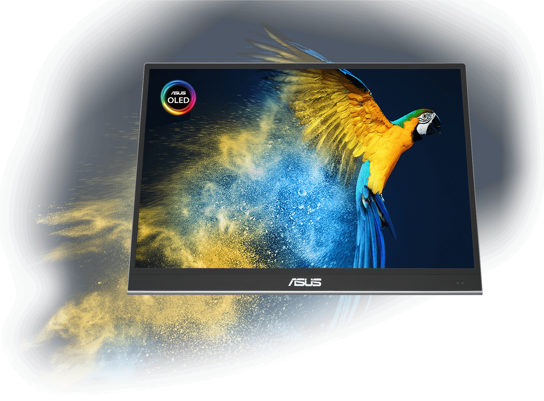 De ZenScreen OLED MQ16AHE met een beeld van een papegaai om de levensechte kleurprestaties van het scherm te laten zien