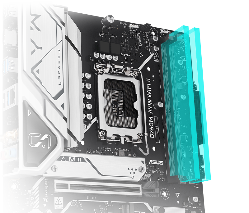 The B760M-AYW WIFI II comes along with ASUS Enhanced Memory Profile II (AEMP II) to train your memory kit and optimize clock speed to unleash DDR5 performance. Bar chart intro AEMP II profiles that offer up to 37.5% faster RAM speeds than baseline DDR5 specs.