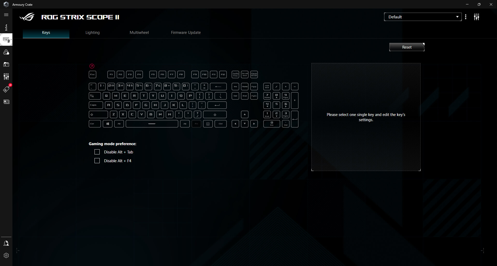 Graphic user interface of Armoury Crate for ROG Strix Scope II X