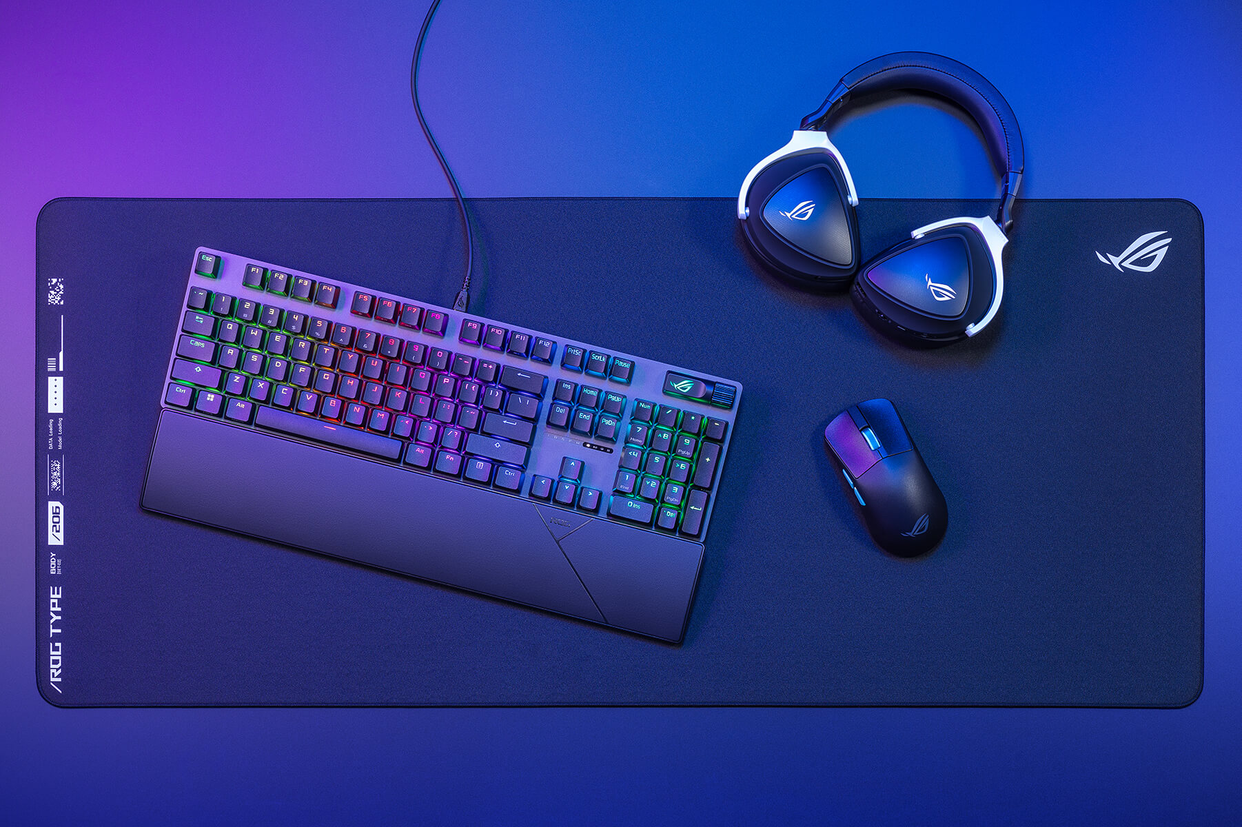 A set of ROG gaming peripherals on the desk with RGB lighting.
