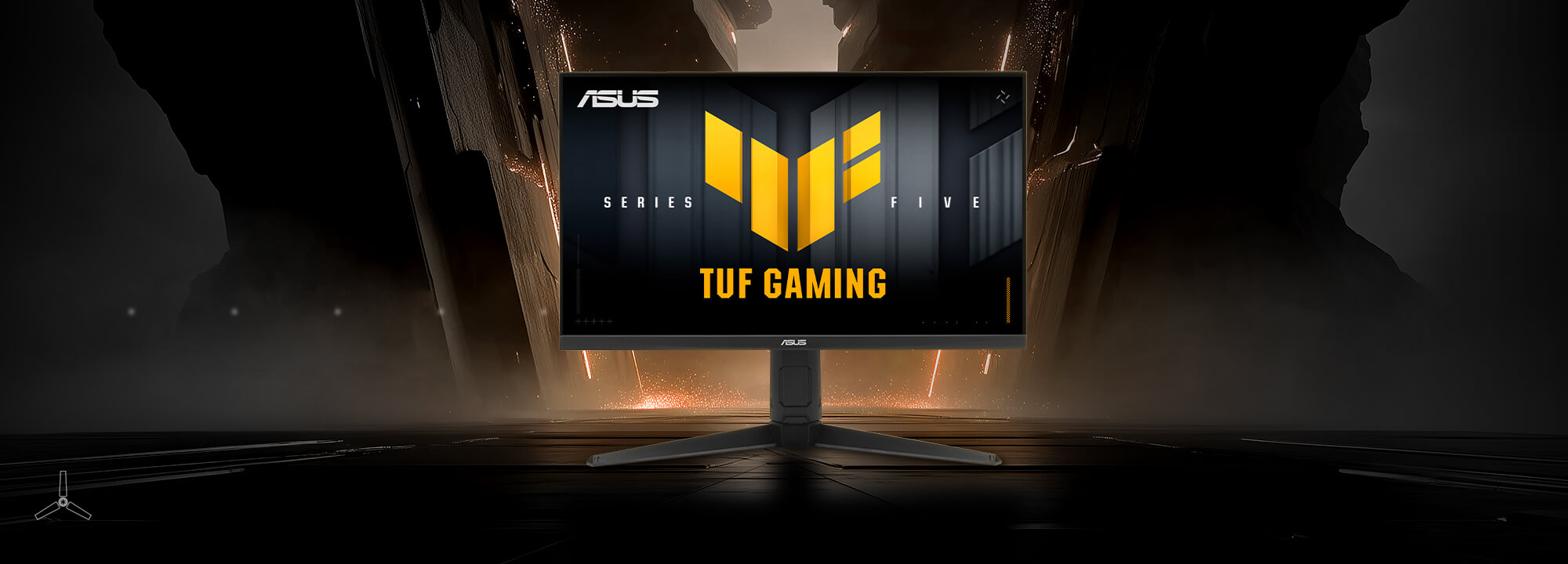 The TUF Gaming monitor VG27AQML5A displaying vibrant, colorful graphics with the TUF logo at its center.