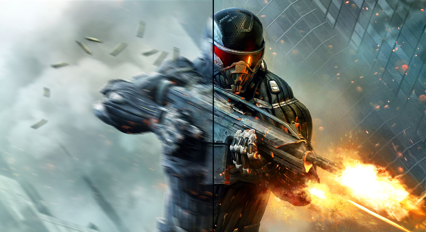 In-game soldier shooting with 60Hz display lagging on left side versus VG27AQML5A monitor's 300Hz smooth crisp display on right.