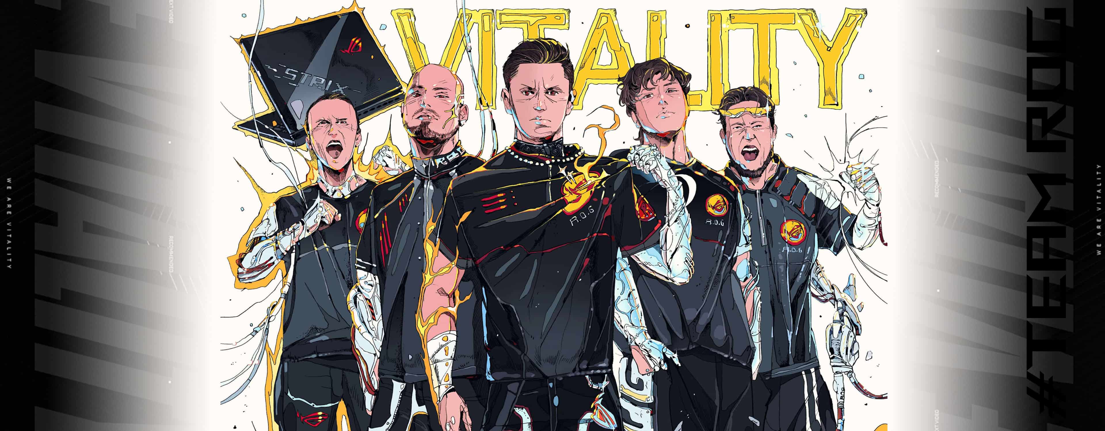 Illustrated artwork showing five esports players standing together in dynamic poses, with cyber-enhanced arms and glowing energy effects, under the large word VITALITY.