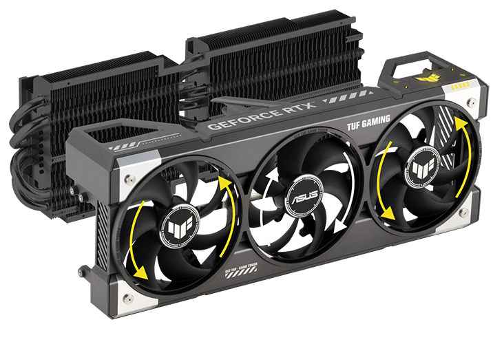 Graphics card fans with arrows indicating different directions of spin