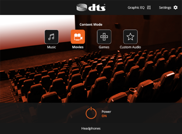 Používateľské rozhranie filmového režimu DTS Audio Processing.