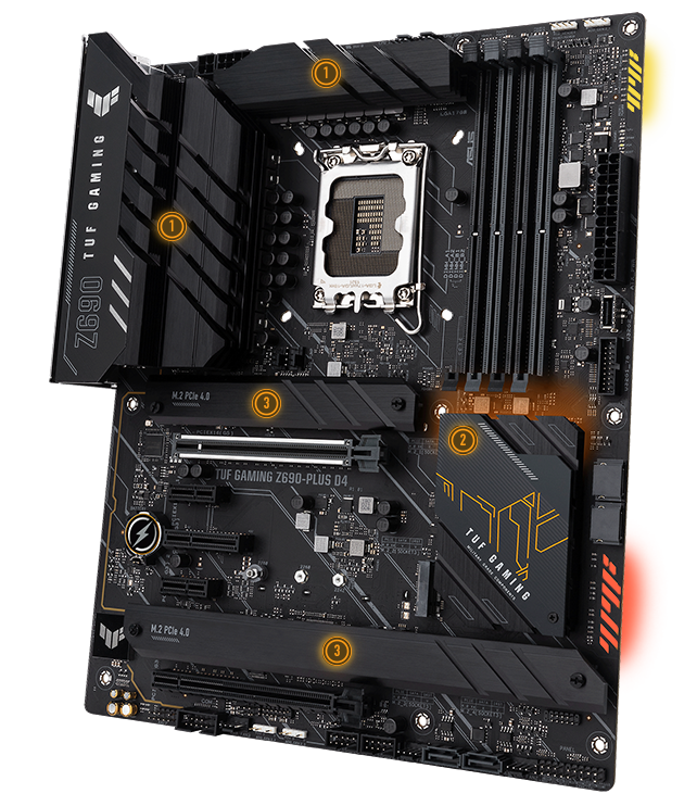 TUF GAMING Z690-PLUS  D4 features an expanded VRM heatsink and thermal pad, and three M.2 slots with heatsinks. 