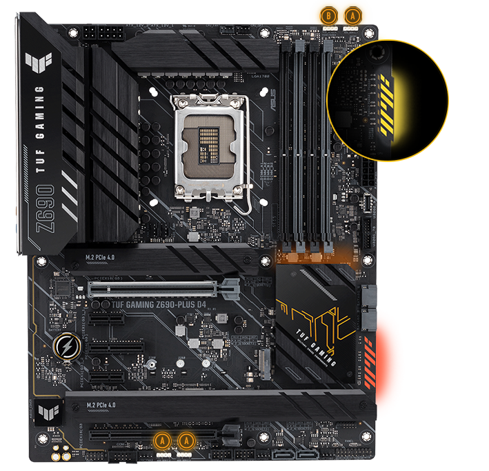 TUF GAMING Z690-PLUS D4 Mainboard mit RGB-Beleuchtung.