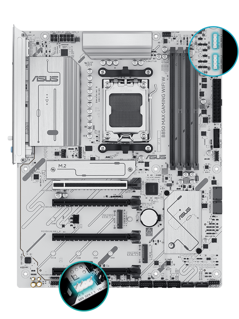 B850 MAX GAMING WIFI W front view, 45 degrees.