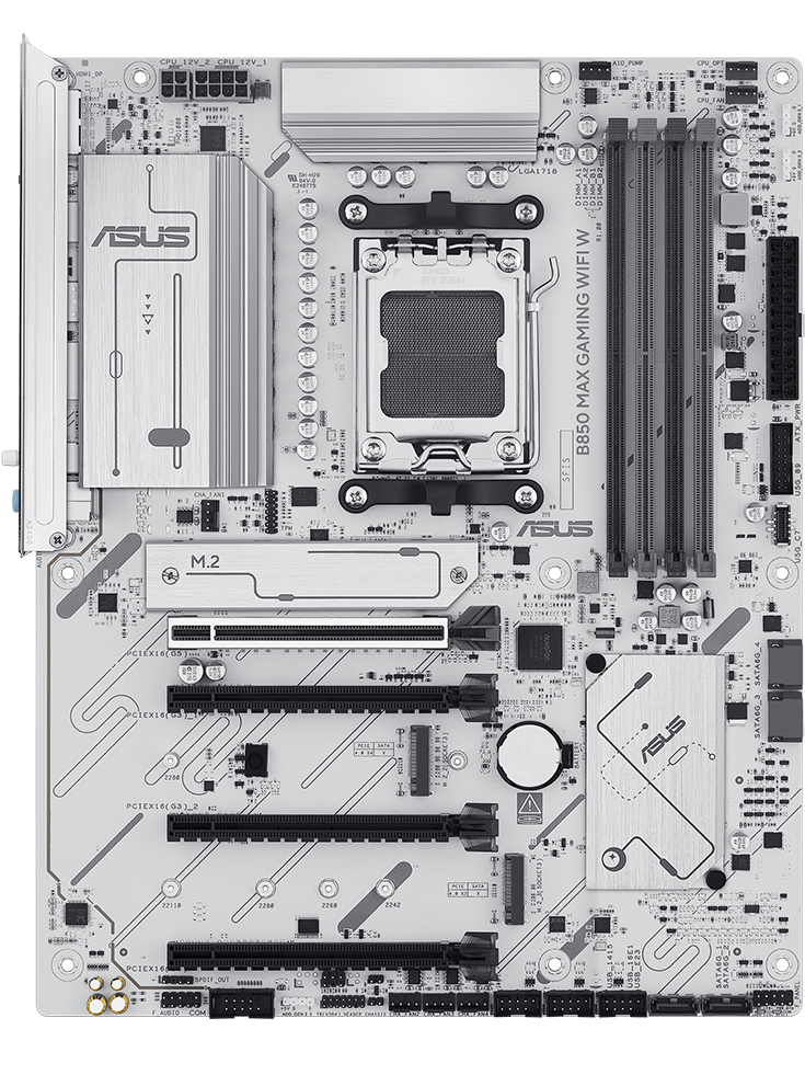 B850 MAX GAMING WIFI W motherboard front view, floating in space.