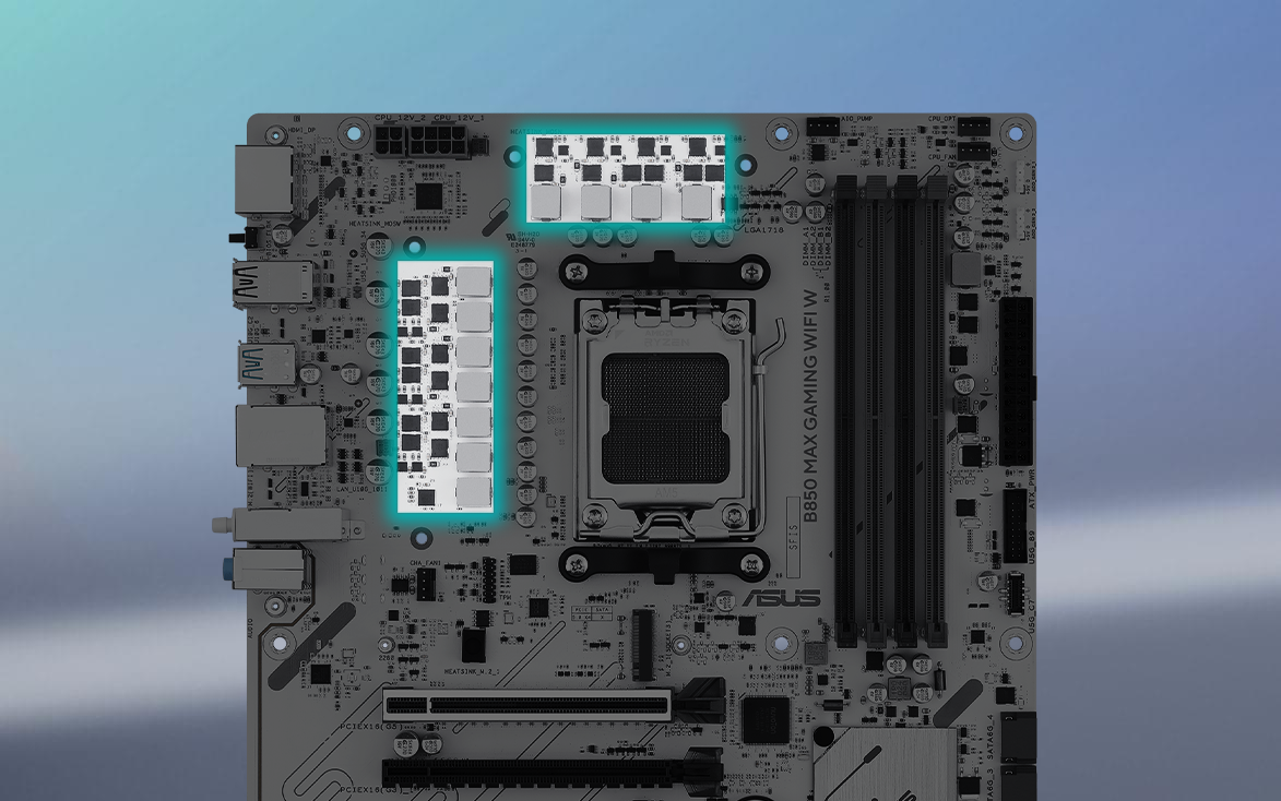 Angled top-down view of B850 MAX GAMING WIFI W motherboard.