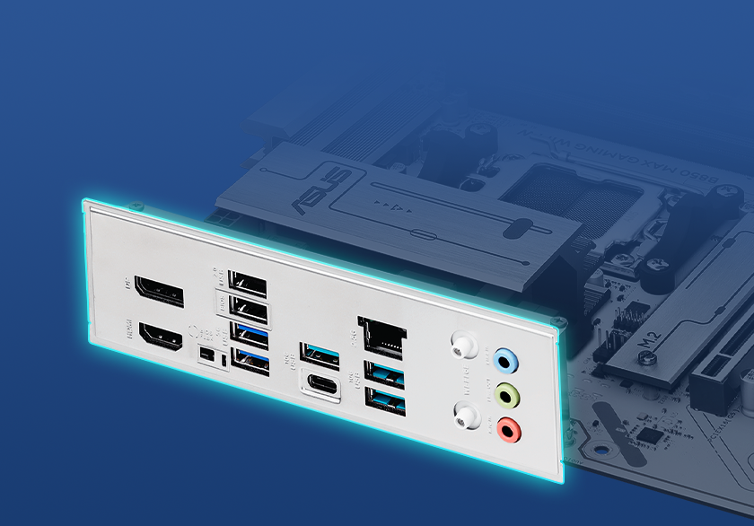 Graphic depicting the B850 MAX GAMING WIFI W pre-mounted I/O Shield.