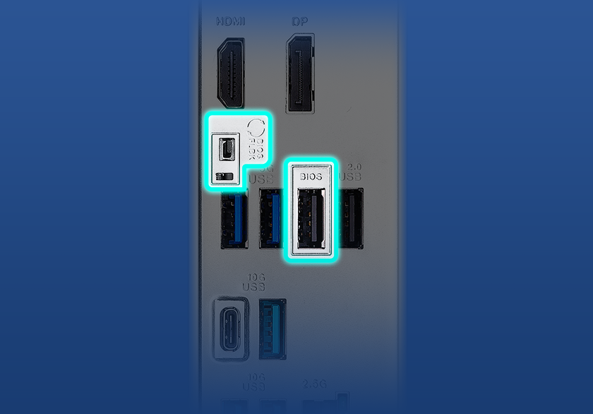 Graphic depicting the B850 MAX GAMING WIFI W BIOS FlashBack feature.