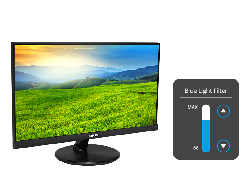 ASUS Monitor shows vivid image with seamless adjustment blue light filter function.