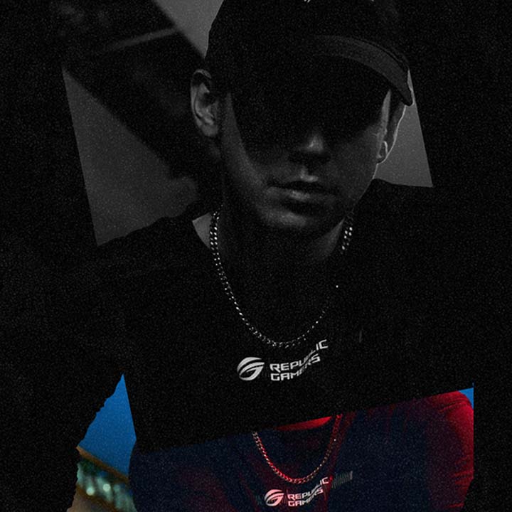 Person in an ROG t-shirt, with the words “Two-Way AI Noise Cancelation” superimposed above the image.