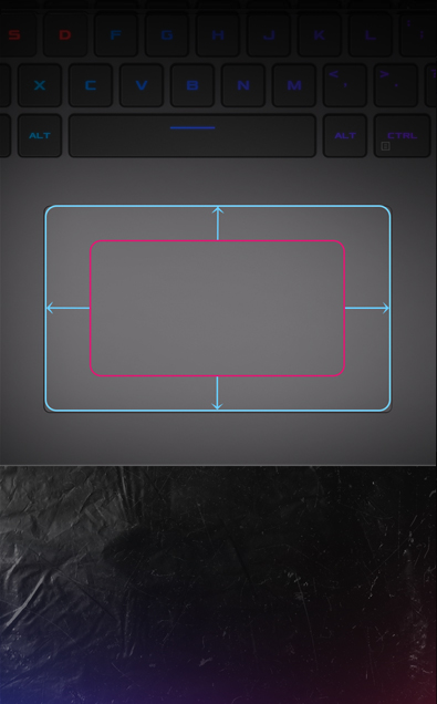 Strix G17’s keyboard, with highlighting on the trackpad.