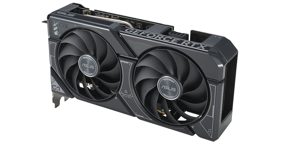 Angled top down view of the card ASUS Dual GeForce RTX 4060Ti graphics card